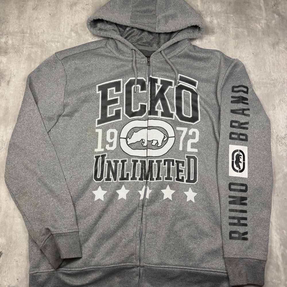 Ecko Unltd Zip Up Hoodie Mens 2XL Gray Full Zip Rhino Y2K Skate 00s Sweatshirt